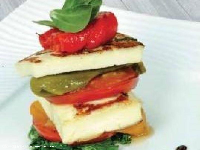 Grilled halloumi with marinated peppers and carob syrup